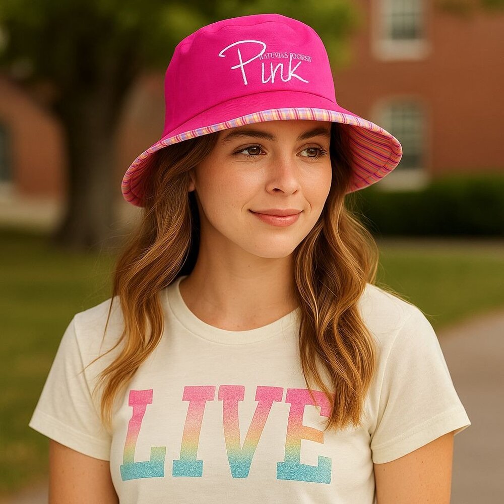 Victorias Secret PINK Bucket Hat Reversible Embroidered Logo Striped Sporty Chic